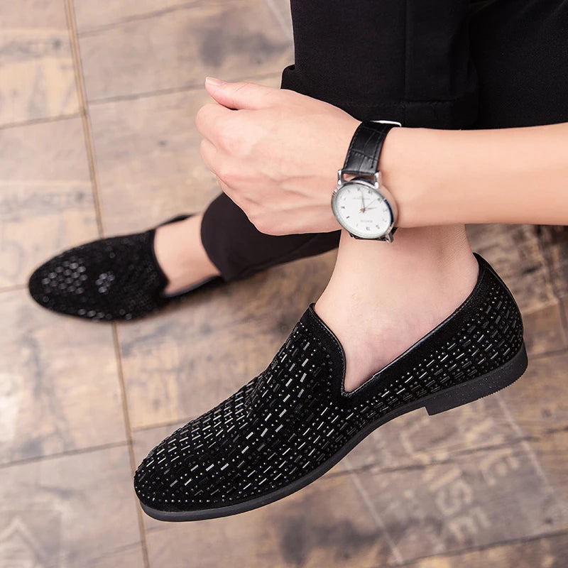 Full Shining PVC Bricks Decoration Formal Men Rhinestones Dress Shoes Soft Sole Slip-on Loafers Luxury Party Flats Casual Shoes