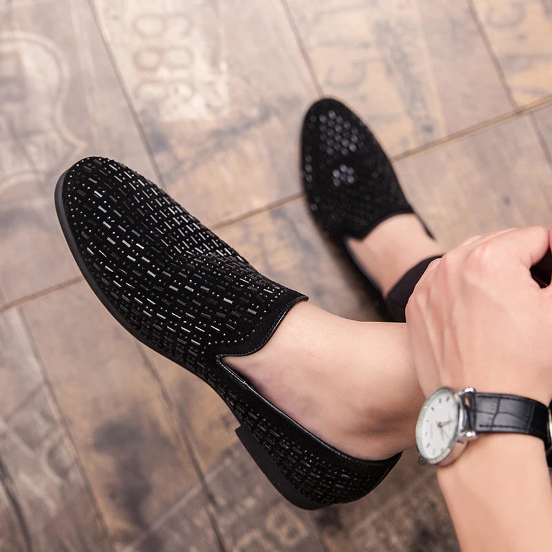 Full Shining PVC Bricks Decoration Formal Men Rhinestones Dress Shoes Soft Sole Slip-on Loafers Luxury Party Flats Casual Shoes