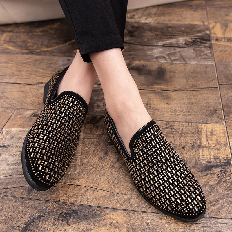Full Shining PVC Bricks Decoration Formal Men Rhinestones Dress Shoes Soft Sole Slip-on Loafers Luxury Party Flats Casual Shoes